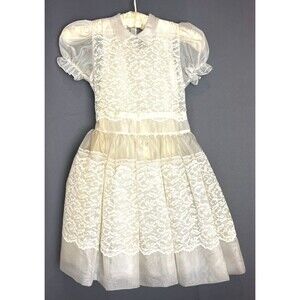 Vintage Sheer Cream Ivory Chiffon Lace Puff Sleeve 2 Piece Dress Size 6-8